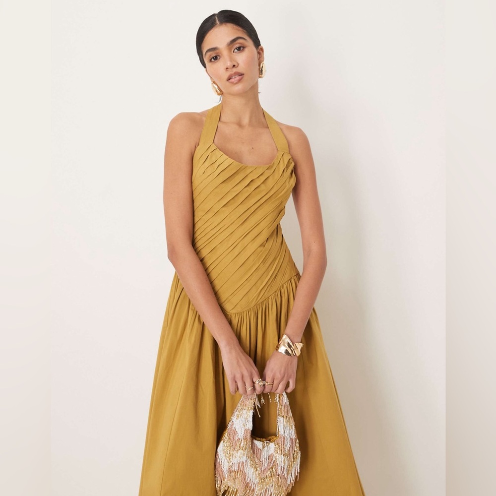 ASOS DESIGN halter neck drop waist midi in turmeric